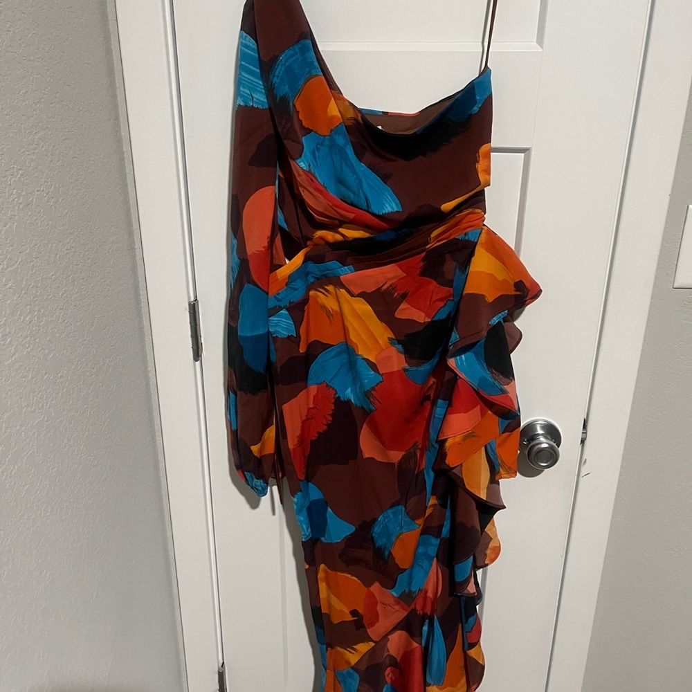 Luxxel Vibrant High Low Dress in Blue, Orange, and Brown
